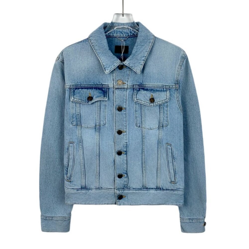 Saint Laurent Paris Light Wash Denim Jacket With Button Closures & Dual Chest Po